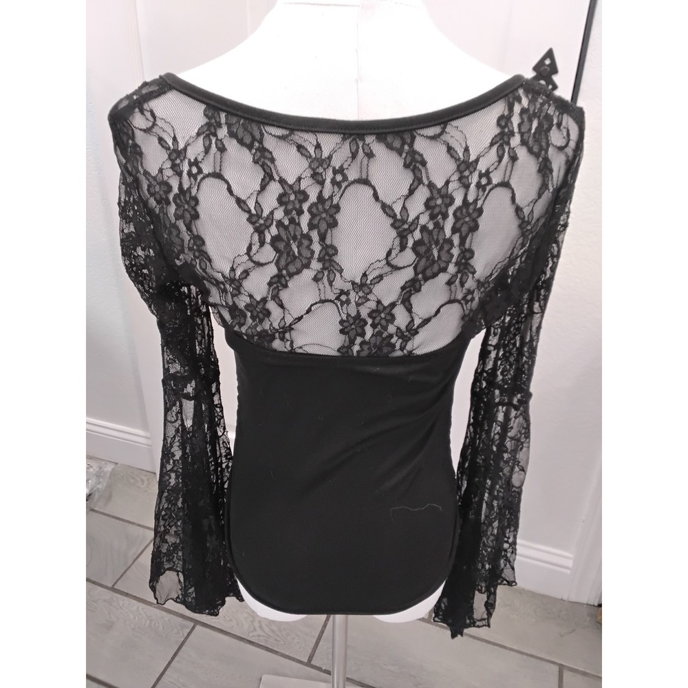 Romwe Black Gothic Lace Bell Sleeve Cross Pendant Top Sweetheart Neck Small - Picture 5 of 6